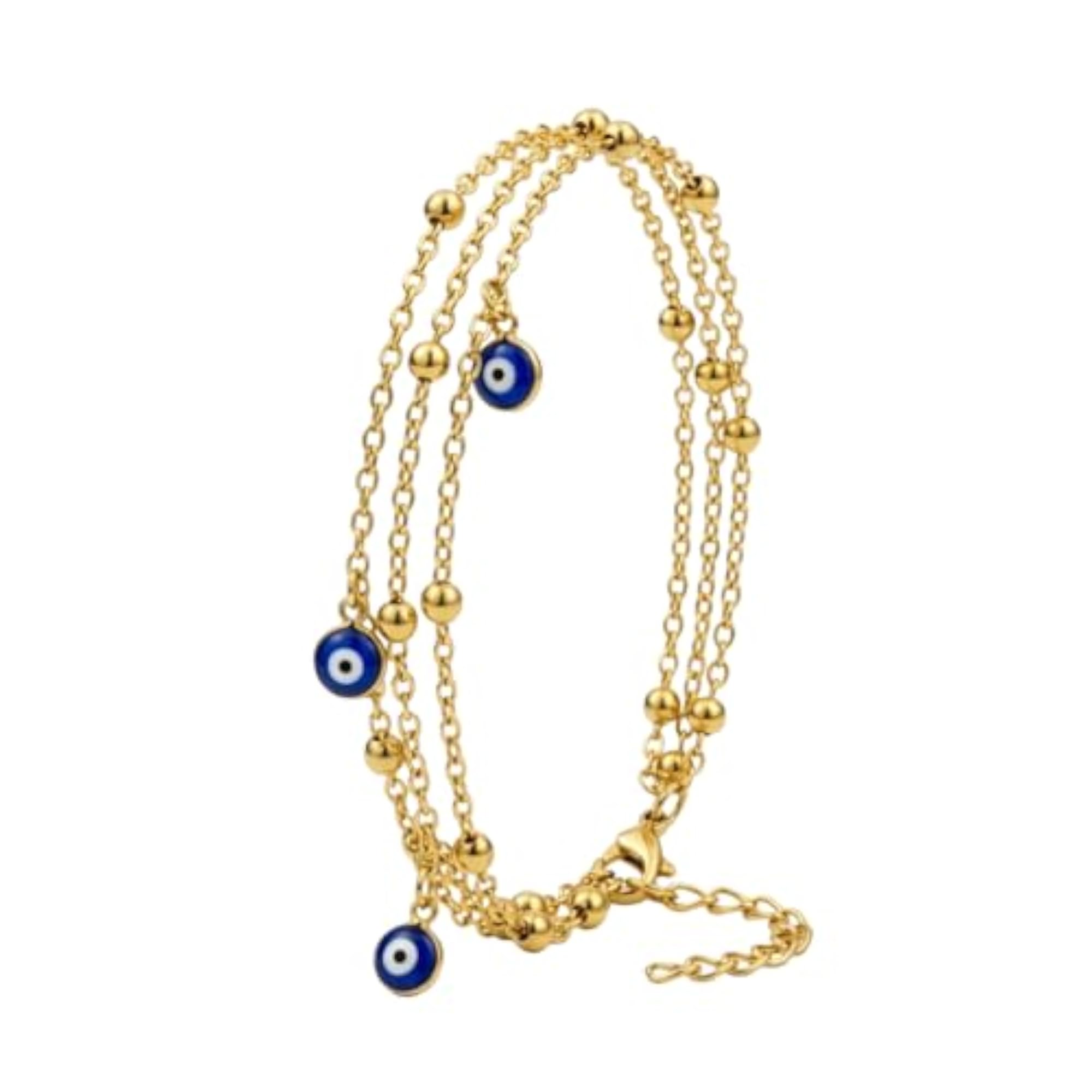 Women's 18K Gold Plated Brass Triple Layered Blue Evil Eye Anklet